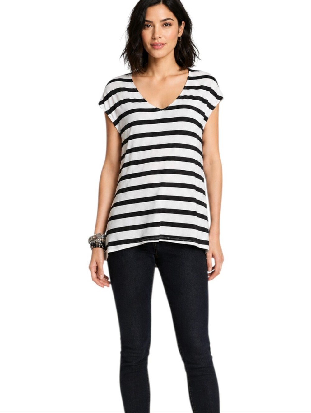 White House Black Market Black & White Striped High-Low Top Size Medium